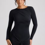 Long Sleeve Draped Mini Dress in Black - Image 7