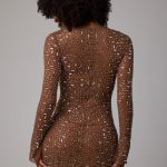 Sheer Embellished Long Sleeve A-Line Mini Dress in Mocha - Image 2