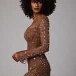 Sheer Embellished Long Sleeve A-Line Mini Dress in Mocha - Image 3
