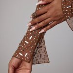 Sheer Embellished Long Sleeve A-Line Mini Dress in Mocha - Image 6
