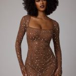 Sheer Embellished Long Sleeve A-Line Mini Dress in Mocha - Image 8