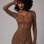 Sheer Embellished Long Sleeve A-Line Mini Dress in Mocha - Image 9