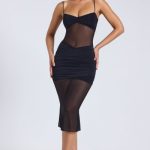 Sheer Panelled Draped Midaxi Dress in Black - Image 6
