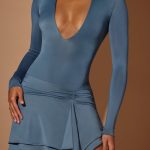 Plunge Neck Long Sleeve Mini Dress in Steel Blue - Image 4