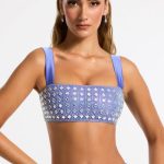 Embellished Square Neck Crop Top in Blue