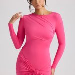 Long Sleeve Draped Mini Dress in Magenta - Image 6