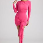 Long Sleeve Draped Mini Dress in Magenta - Image 8