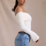 Modal-Cashmere Blend Off-Shoulder Ruched Top in Ivory - Image 3