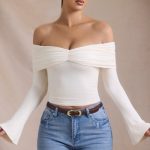 Modal-Cashmere Blend Off-Shoulder Ruched Top in Ivory - Image 6