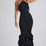 Ruffle-Trim Halterneck Gown in Black