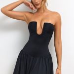 Slinky Jersey Strapless Plunge Neck Mini Dress in Black