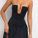 Slinky Jersey Strapless Plunge Neck Mini Dress in Black - Image 8