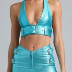 Metallic High-Waist Denim Shorts in Aqua - Image 5