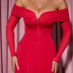 Off-Shoulder Lace-Up A-Line Midaxi Dress in Red - Image 4