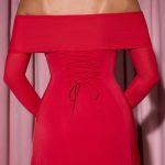 Off-Shoulder Lace-Up A-Line Midaxi Dress in Red - Image 5