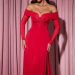Off-Shoulder Lace-Up A-Line Midaxi Dress in Red - Image 6