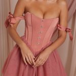 Off Shoulder Tulle Skirt Mini Dress in Terracotta - Image 4