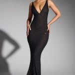 Embellished Plunge Neck Evening Gown in Black - Image 8