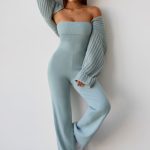 Bandeau Kick Flare Chunky Knit Jumpsuit in Dusty Teal