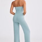 Bandeau Kick Flare Chunky Knit Jumpsuit in Dusty Teal - Image 2
