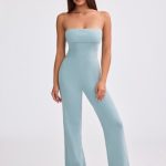 Bandeau Kick Flare Chunky Knit Jumpsuit in Dusty Teal - Image 6