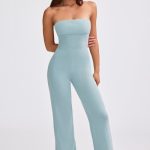 Bandeau Kick Flare Chunky Knit Jumpsuit in Dusty Teal - Image 7