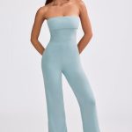 Bandeau Kick Flare Chunky Knit Jumpsuit in Dusty Teal - Image 8