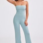 Bandeau Kick Flare Chunky Knit Jumpsuit in Dusty Teal - Image 9
