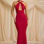 Pearl-Detail Halterneck Maxi Dress in True Red