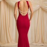 Pearl-Detail Halterneck Maxi Dress in True Red - Image 2
