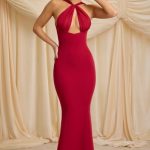 Pearl-Detail Halterneck Maxi Dress in True Red - Image 5
