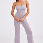 Bandeau Kick Flare Chunky Knit Jumpsuit in Dusty Lavender - Image 5