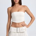 Belted Pleated Low-Rise Micro Mini Skirt in Ecru - Image 4