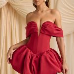 Off-Shoulder Layered Bubble Hem Corset Mini Dress in True Red