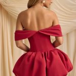 Off-Shoulder Layered Bubble Hem Corset Mini Dress in True Red - Image 2