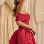 Off-Shoulder Layered Bubble Hem Corset Mini Dress in True Red - Image 3