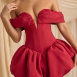 Off-Shoulder Layered Bubble Hem Corset Mini Dress in True Red - Image 4