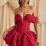 Off-Shoulder Layered Bubble Hem Corset Mini Dress in True Red - Image 8