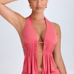 Cut-Out Ruched Halterneck Crop Top in Coral
