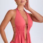 Cut-Out Ruched Halterneck Crop Top in Coral - Image 7