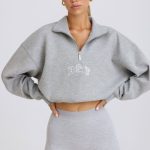 Quarter-Zip Cropped Sweatshirt in Grey Marl