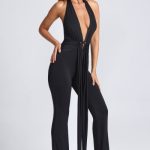Petite Hardware Detail Plunge Halterneck Jumpsuit in Black - Image 7