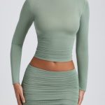Modal Ruched Mid-Rise Mini Skirt in Sage Green - Image 4