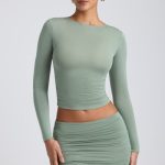 Modal Ruched Mid-Rise Mini Skirt in Sage Green - Image 6