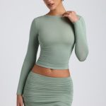 Modal Ruched Mid-Rise Mini Skirt in Sage Green - Image 7