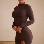 High Neck Long Sleeve Mini Dress in Chocolate