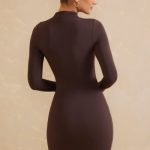 High Neck Long Sleeve Mini Dress in Chocolate - Image 2