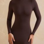 High Neck Long Sleeve Mini Dress in Chocolate - Image 4