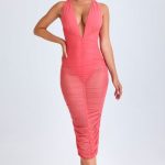 Ruched Plunge Midaxi Dress in Coral - Image 4