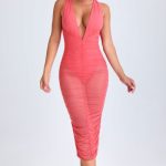 Ruched Plunge Midaxi Dress in Coral - Image 5